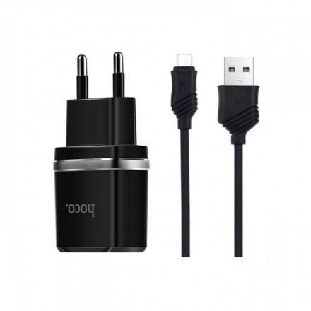 Сетевое зарядное устройство Hoco C12 Smart, 2.4A, 2 USB, с кабелем USB - micro USB, черный